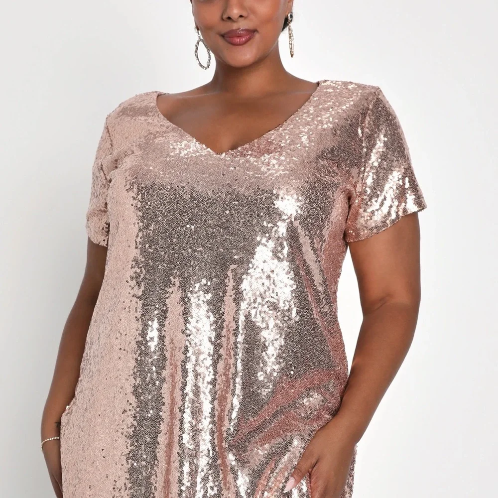 Lulus Light Up the Night Champagne Sequin Shift Dress 3X - Picture 4 of 10